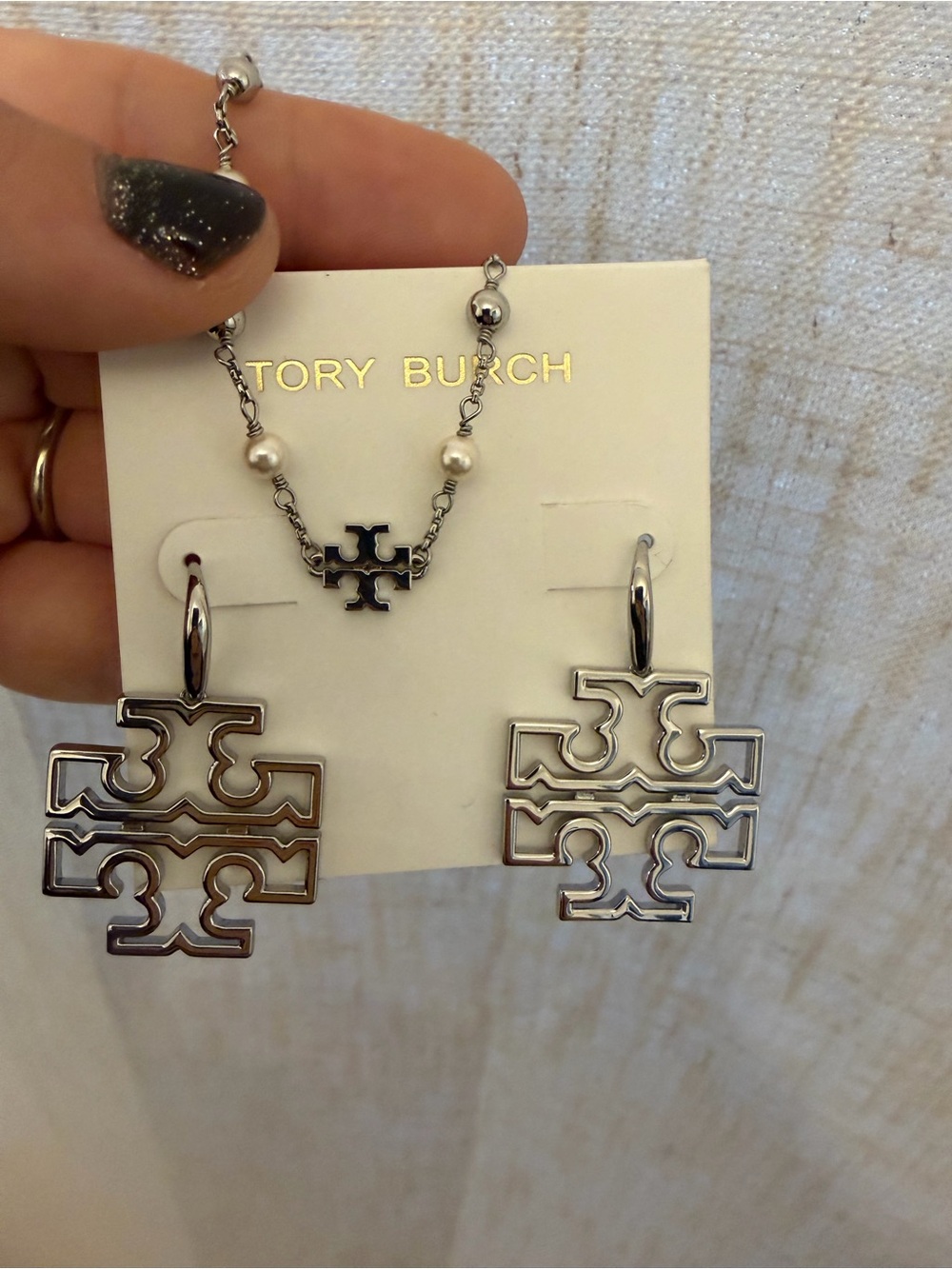 Tory Burch Silver Logo Drop Earrings & Bracelet Set